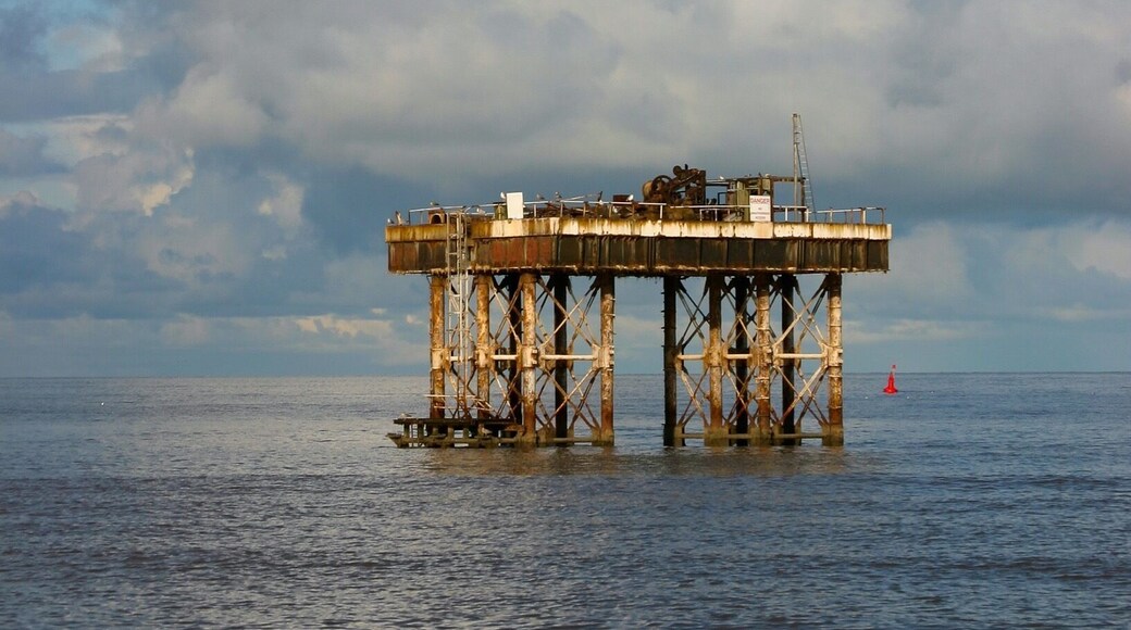 Water pumping rig off Sizewell beach, Suffolk. This pumped cooling seawater to the now disused nuclear power station in Sizewell