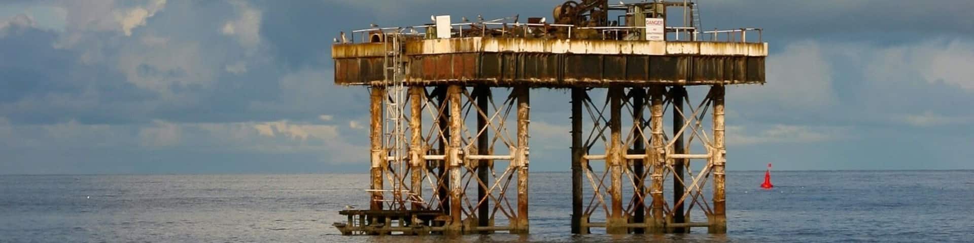 Water pumping rig off Sizewell beach, Suffolk. This pumped cooling seawater to the now disused nuclear power station in Sizewell