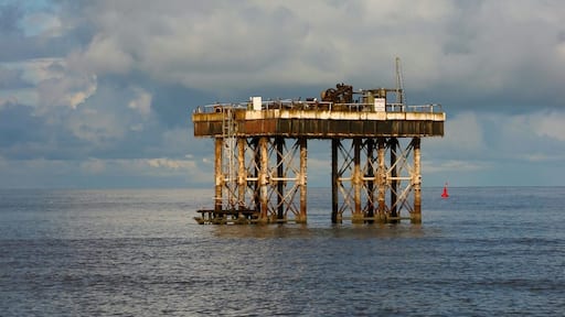 Water pumping rig off Sizewell beach, Suffolk. This pumped cooling seawater to the now disused nuclear power station in Sizewell