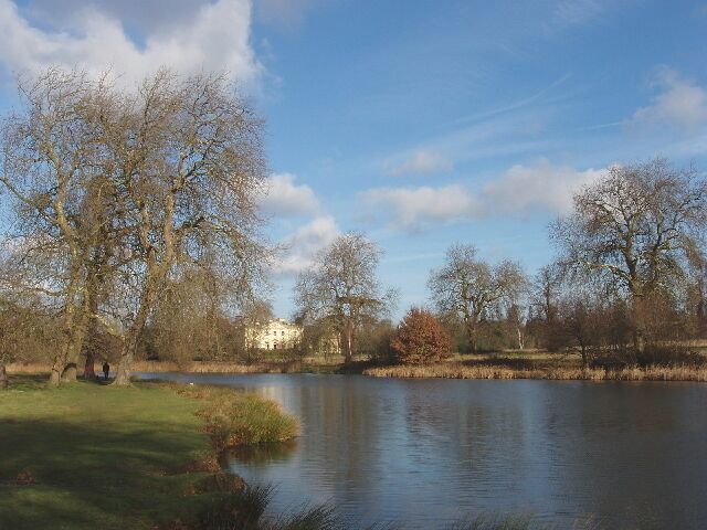 Langley Park Lake. View north-east to the mansion, from George Green Field. Noon on a bright winter day.