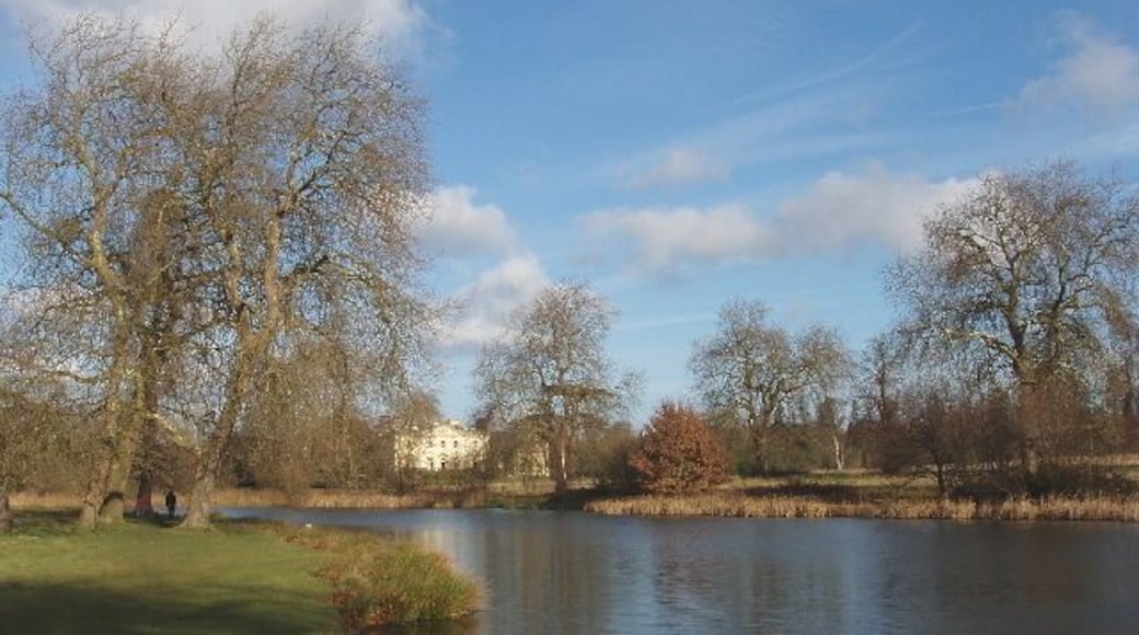 Langley Park Lake. View north-east to the mansion, from George Green Field. Noon on a bright winter day.
