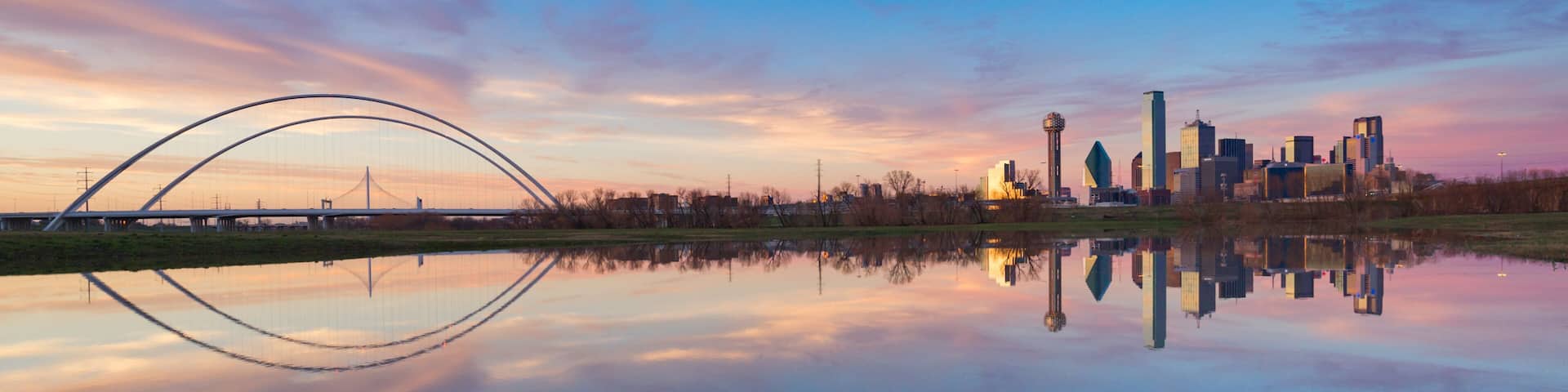 Dallas Skyline Reflection on Trinity River During Sunset, Dallas, Texas.
