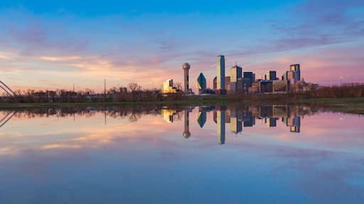 Dallas Skyline Reflection on Trinity River During Sunset, Dallas, Texas.