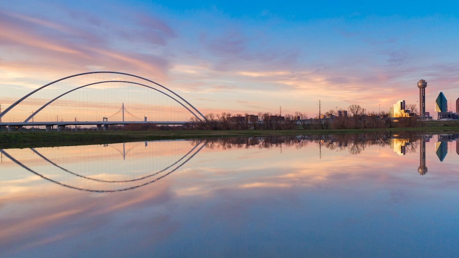 Dallas Skyline Reflection on Trinity River During Sunset, Dallas, Texas.