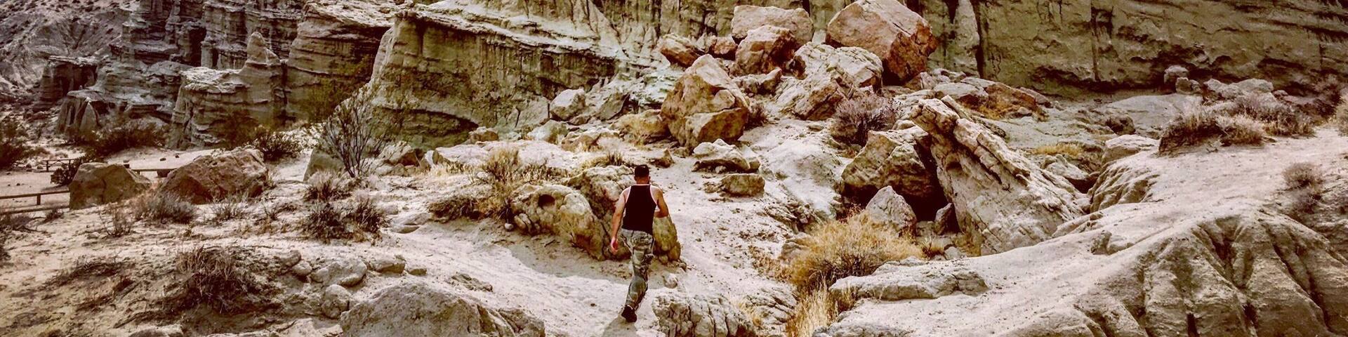 A rocky desert landscape with a person walking towards a large cliff formation.