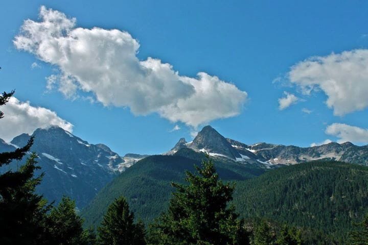 A mountain range with snow-capped peaks and dense forest under a clear blue sky.