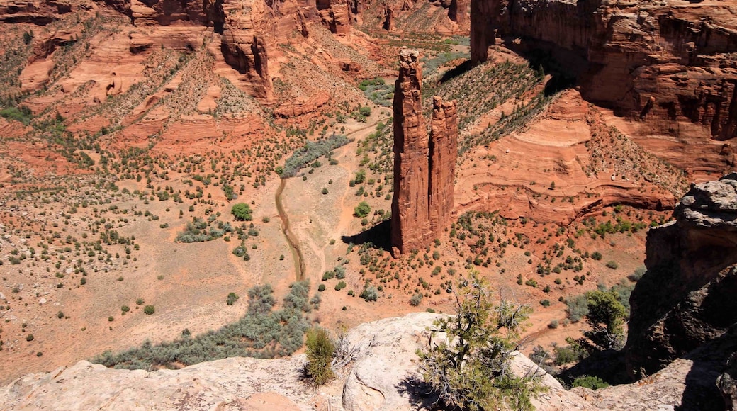 Spider Rock at Canyon De Chelly in Arizona. The tallest of the two sandstone spires is 750 feet (229 m) and located at the far end of the southern rim. The park is a great place for hiking and offers many opportunities to see ancient cave dwellings.