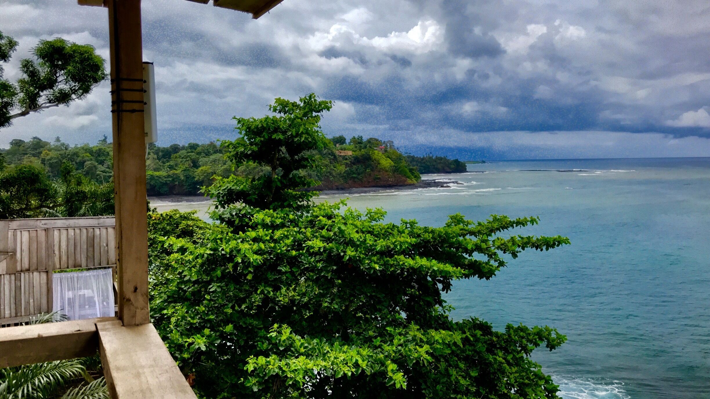 A coastal landscape with a wooden deck, lush green foliage, and a view of the ocean under a cloudy sky.