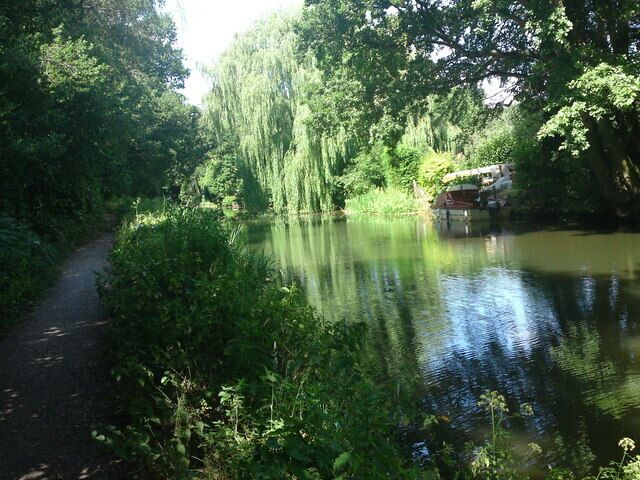A narrow path beside a calm river, surrounded by dense greenery and trees.