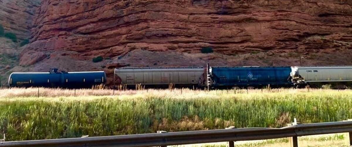 A train moving through a grassy field with a large red rock formation in the background.