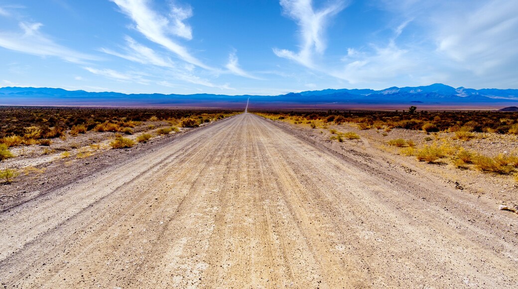 A long and straight gravel road in the semi desert landscape near Crystal Springs and Area 51 in the desolate land of the Nevada desert in the United States