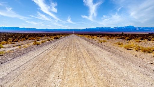 A long and straight gravel road in the semi desert landscape near Crystal Springs and Area 51 in the desolate land of the Nevada desert in the United States