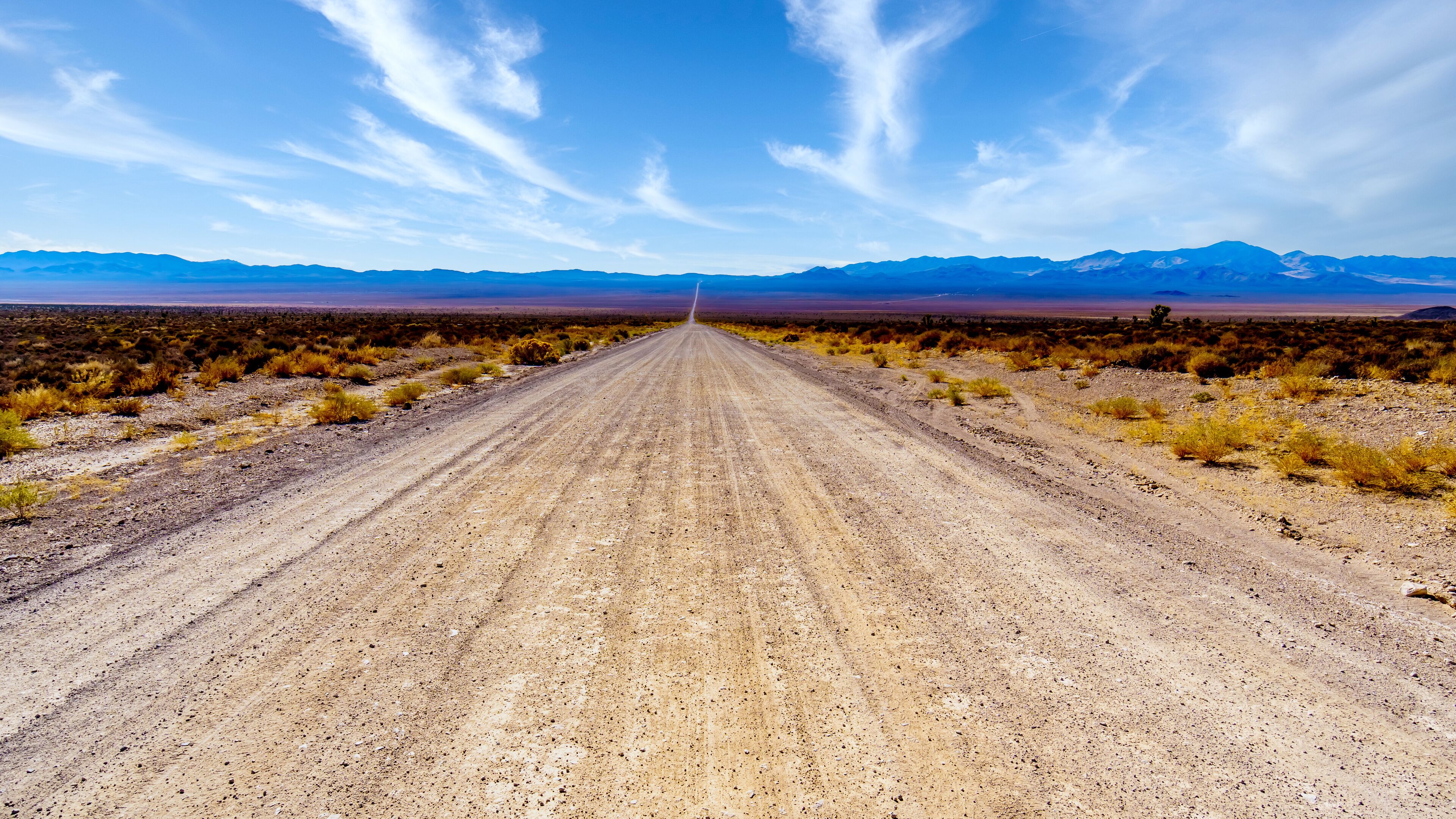 A long, straight dirt road in a desert landscape with sparse vegetation and distant mountains under a clear sky.