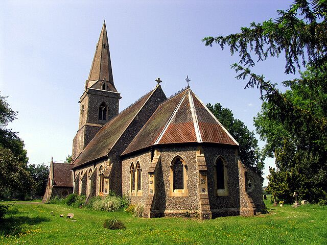 Church of England parish church of St Bartholomew, Arborfield, Berkshire: view from the southeast, showing the spire and the polygonal apsidal chancel