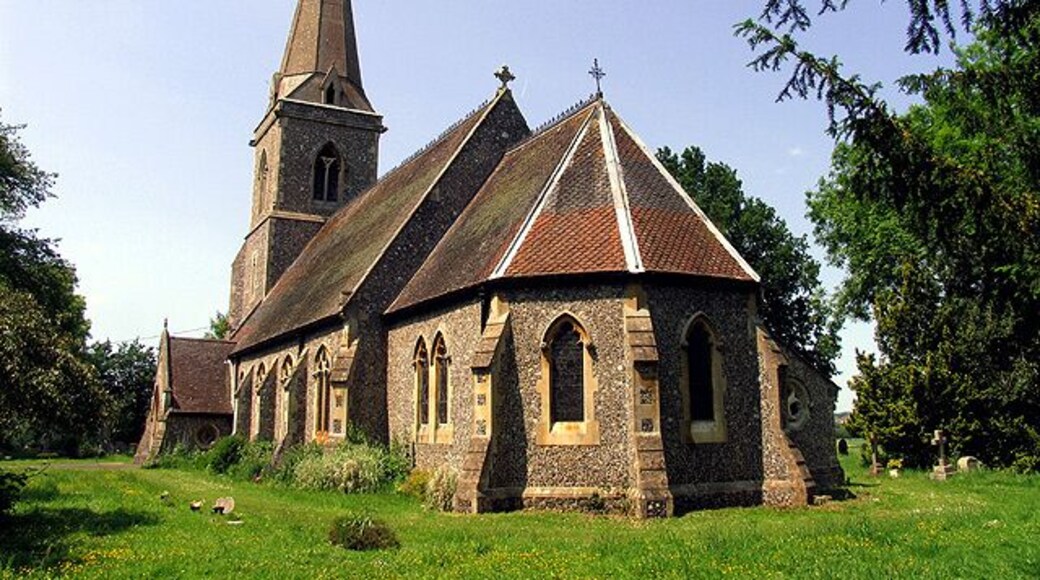 Church of England parish church of St Bartholomew, Arborfield, Berkshire: view from the southeast, showing the spire and the polygonal apsidal chancel