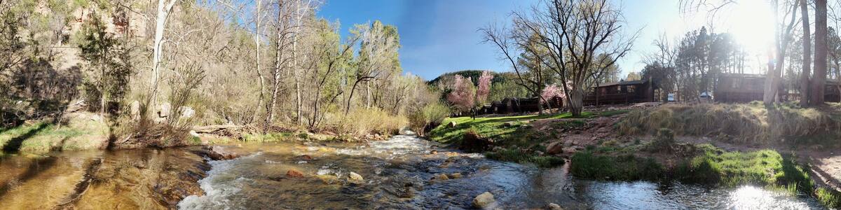 Aerial panoramic view just feet over Tonto Creek in early Spring.