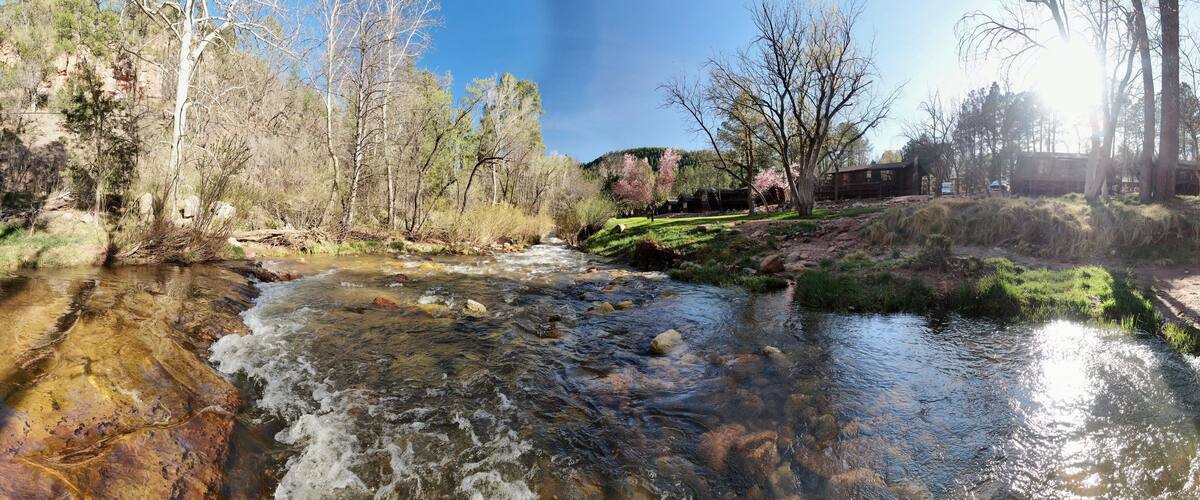 Aerial panoramic view just feet over Tonto Creek in early Spring.
