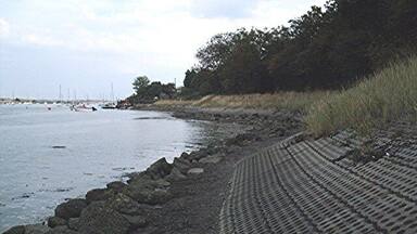 A rocky shoreline with a patterned walkway leading to the water, boats in the distance, and dense trees along the shore.