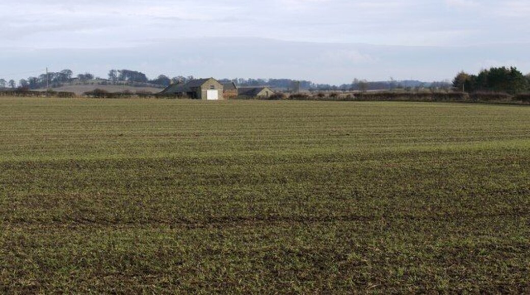 Arable fields west of Northside Farm (North Dunslaw Holm). Near to Harlow Hill, Northumberland, Great Britain. The farm retains a gin-gang which can just be seen to the left of the white-doored barn. This is a circular farm building with a sharply pitched roof built for a horse or pony to turn wheels of machinery (the gin) for the provision of power. Rectangular enclosures, identified as cropmarks on aerial photographs to the left (north) of the farm buildings, are considered to be the remains of Romano-British settlement and are clearly visible on Google Earth.