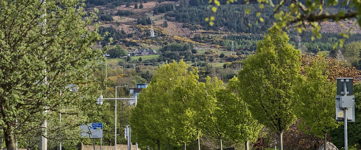 Beautiful closeup creative view of Three Rock TV transmitter antennas among spring leaves viewed from Ballinteer, Dublin, Ireland. Cellular towers. Creative shot
