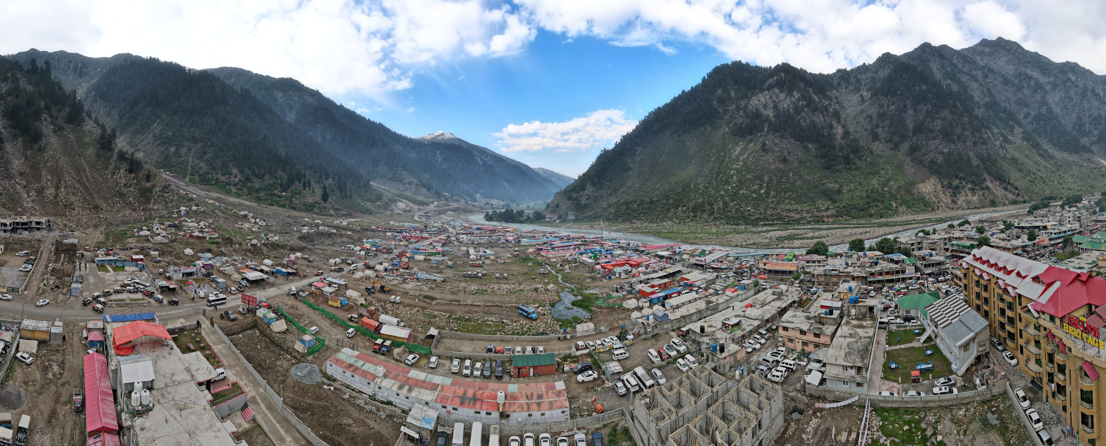 A 180-degree aerial shot of Naran, a popular tourist destination in the country that is getting overcrowded with each passing year. 