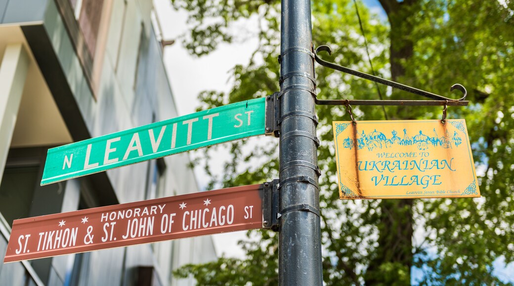 Street sign and directions in Ukrainian village in Chicago, Illinois