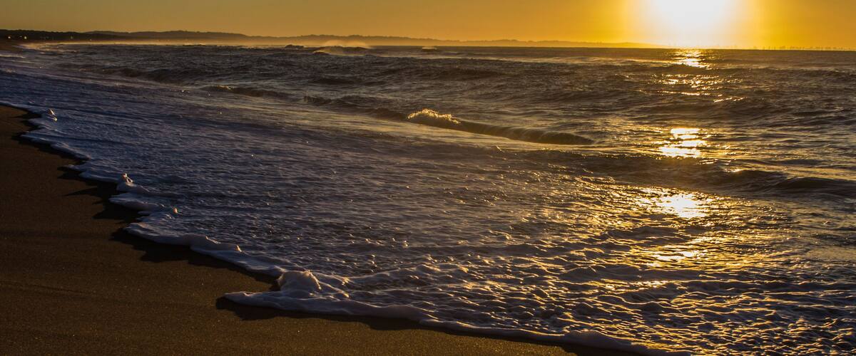 A beach with waves and a setting sun.