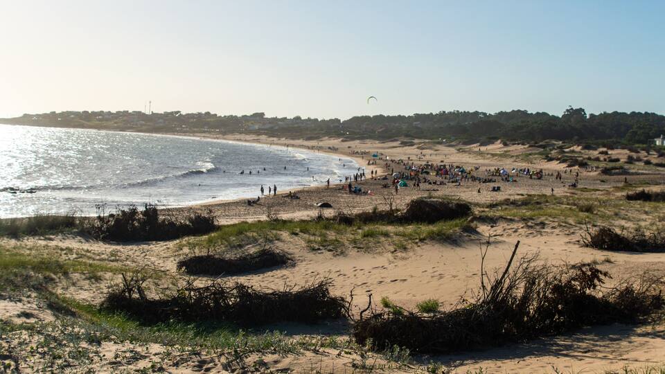 A sandy beach with people and a kite in the sky.