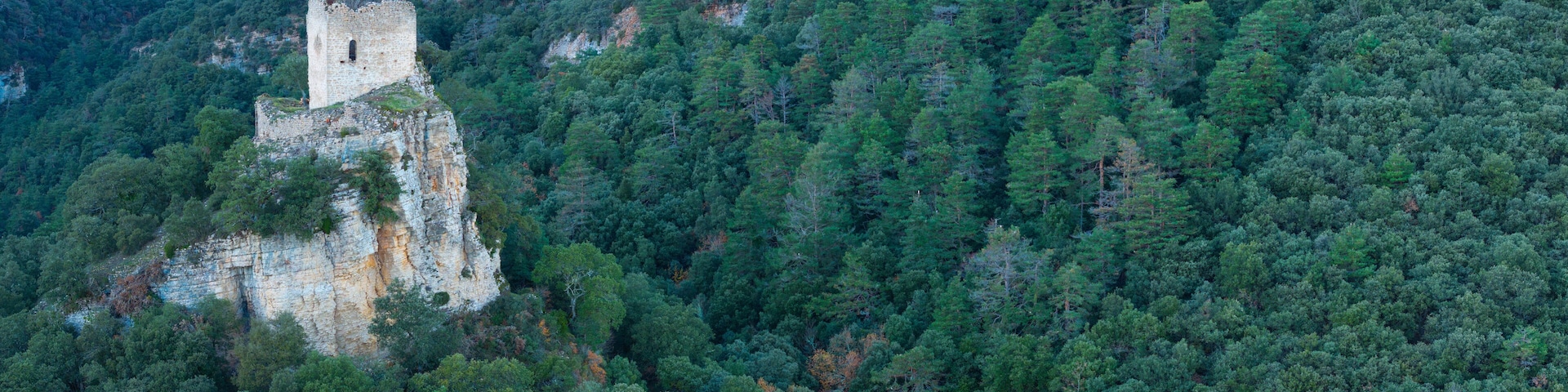 Astúlez Castle seen from a drone. Castle of refuge, defense and surveillance near the Town of Astúlez. Valdegovia Valley. Alava. Basque Country. Spain. Europe
