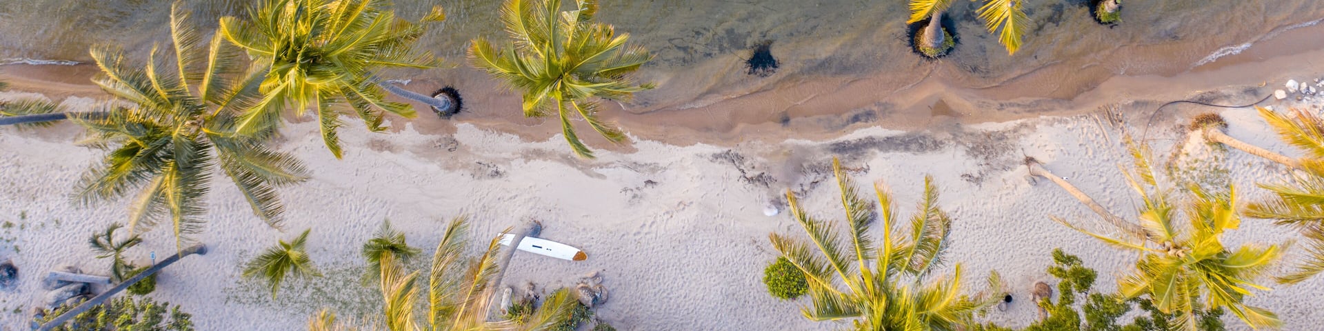Aerial view of turquoise waters gently kissing the golden sands lined with vibrant green palm trees, Takawiri Island, Homa Bay, Kenya.