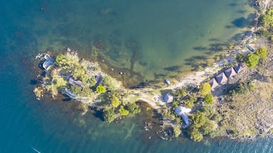 An aerial view of a coastal area with clear water, a boat, and a series of beach umbrellas and huts along the shoreline.
