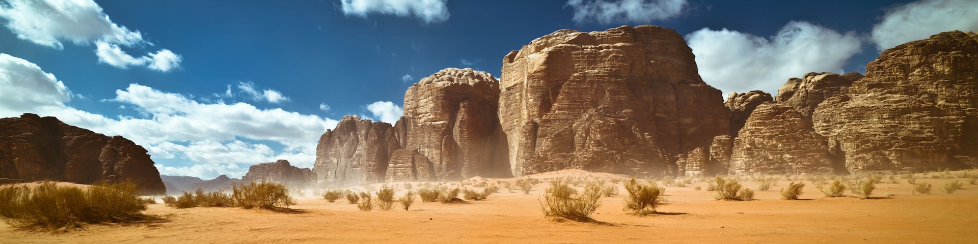 Nature and rocks of Wadi Rum or Valley of the Moon desert, Jordan, sand storm