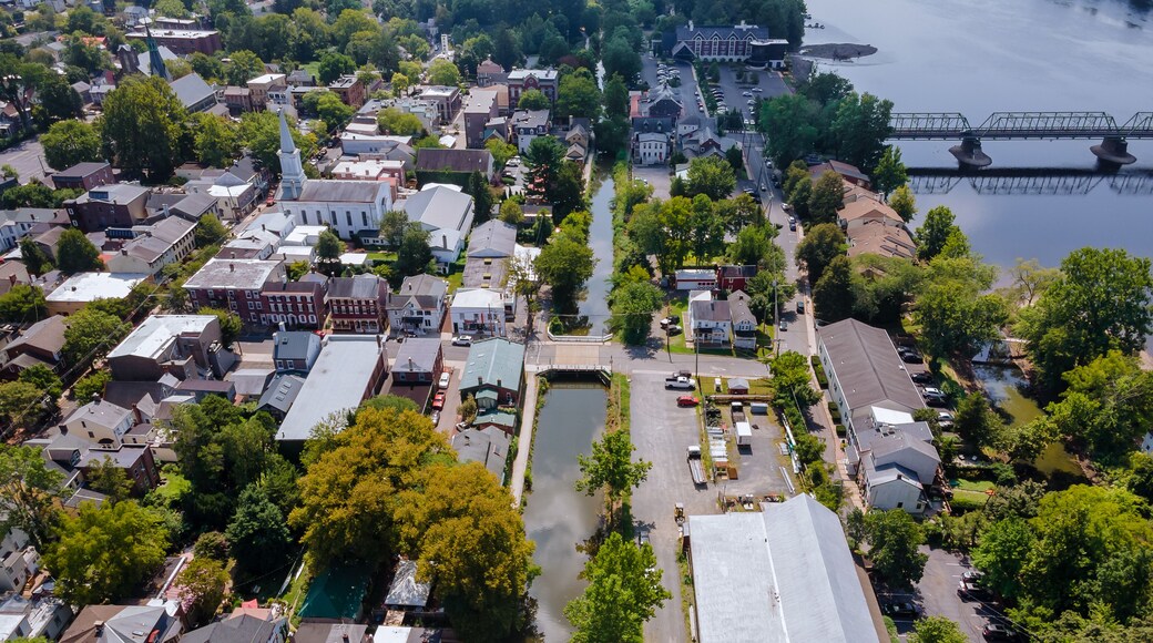Overhead view of Delaware river aerial landscape of small town Lambertville New Jersey with historic city New Hope Pennsylvania USA