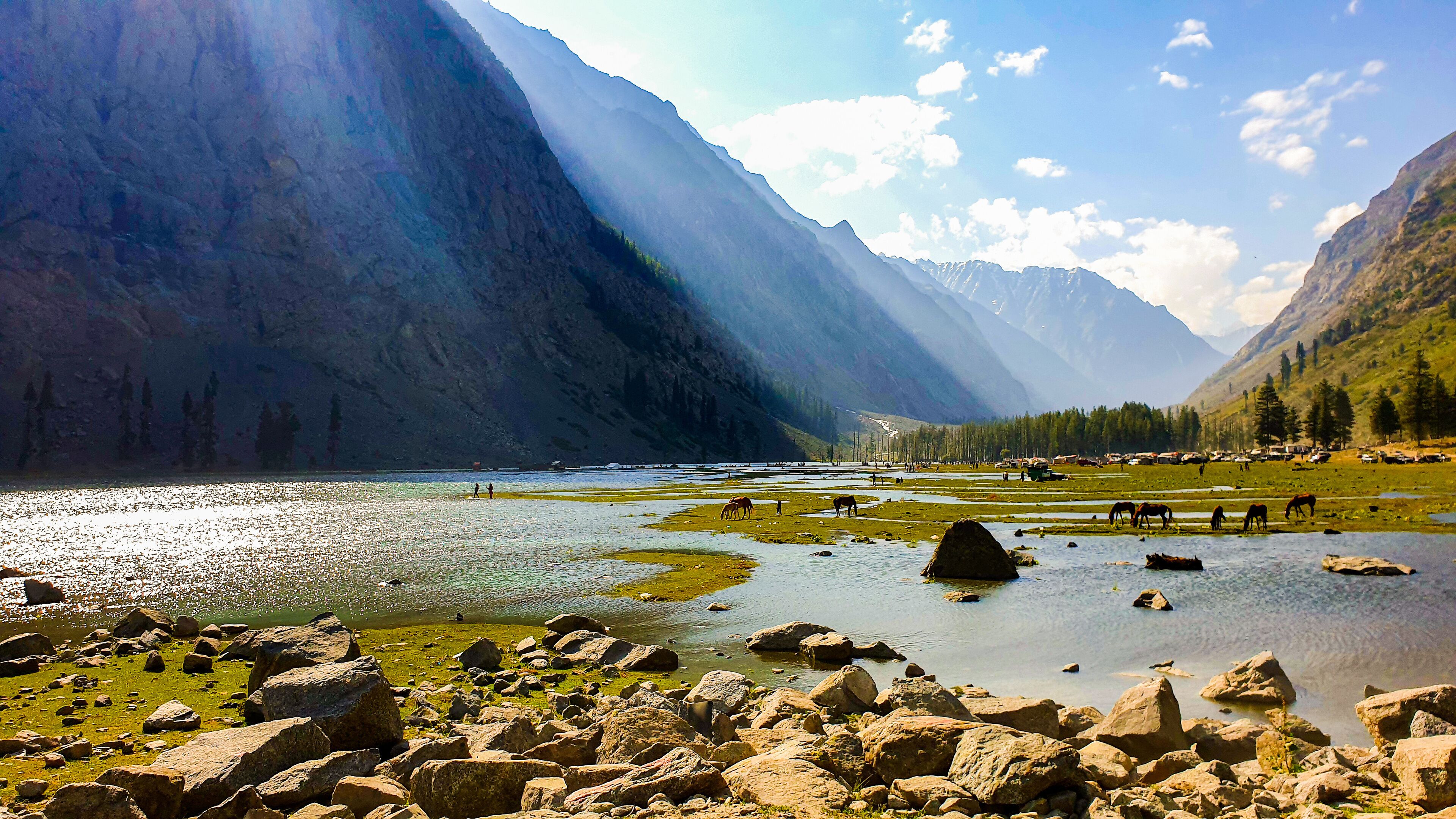 A mountainous landscape with a river, horses grazing, and a village in the valley.