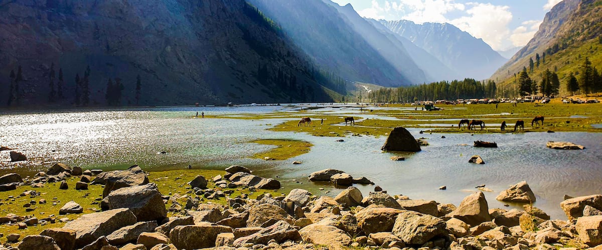 A mountainous landscape with a river, horses grazing, and a village in the valley.