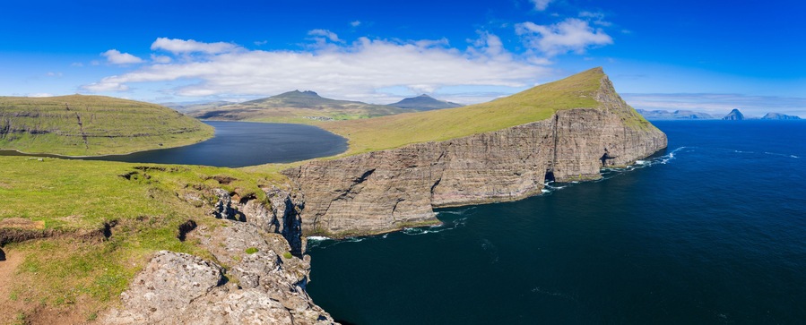 Panoramic View Of The Traelanipan Cliff And Sorvagsvatn Lake at Sunny Day, Vagar, Faroe Islands