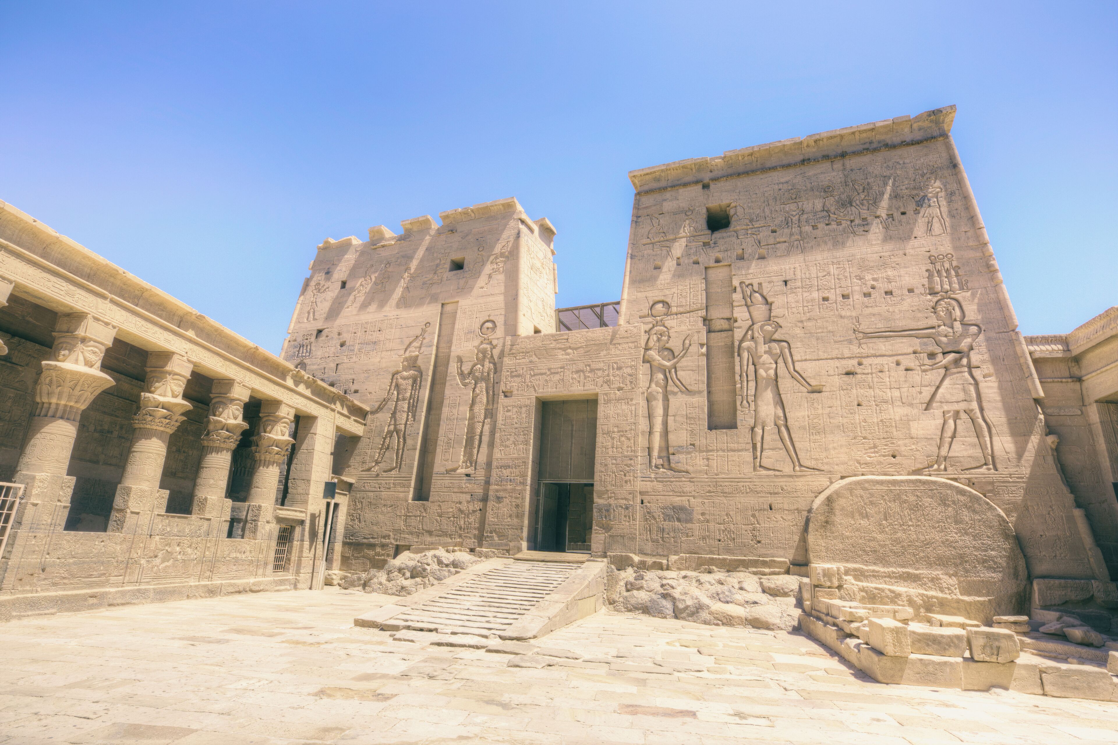 An ancient Egyptian temple with hieroglyphics and columns.