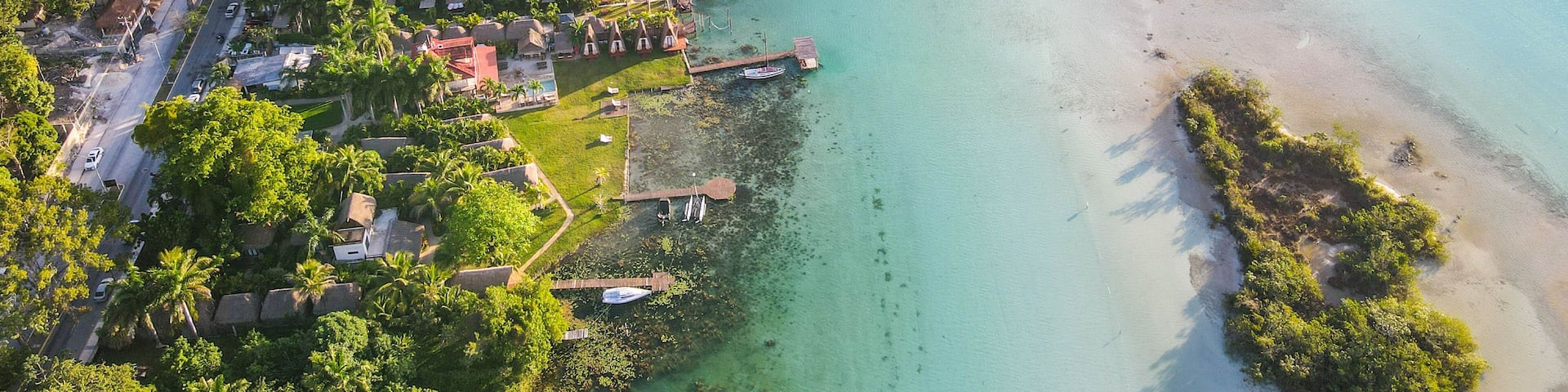 Aerial view of Bacalar Lagoon, near Cancun, in Riviera Maya, Mexico