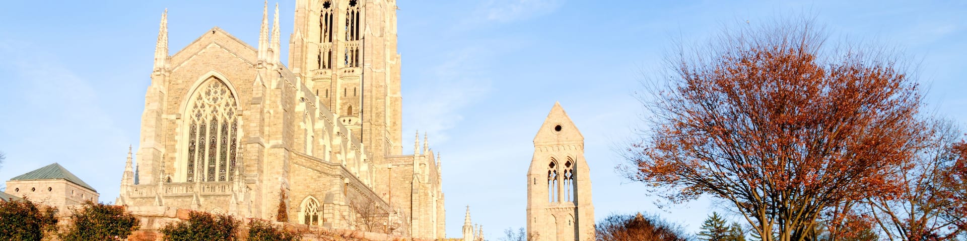 A large cathedral with a tall tower and a smaller adjacent building.