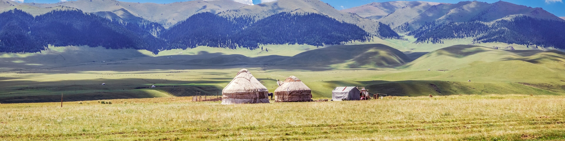 Yurts on the mountain plateau of Assy. Almaty region, Kazakhstan.