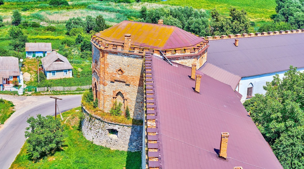 Panorama of the wall and the defensive tower of Medzhybizh Castle, Ukraine
