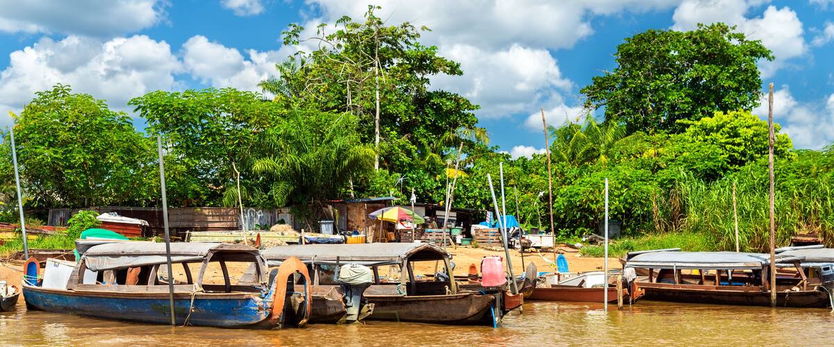 Pirogues on the Maroni River in Saint Laurent at the border with Suriname, French Guiana