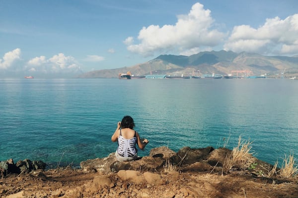 A person sitting on rocks overlooking a calm sea with cargo ships and mountains in the background.