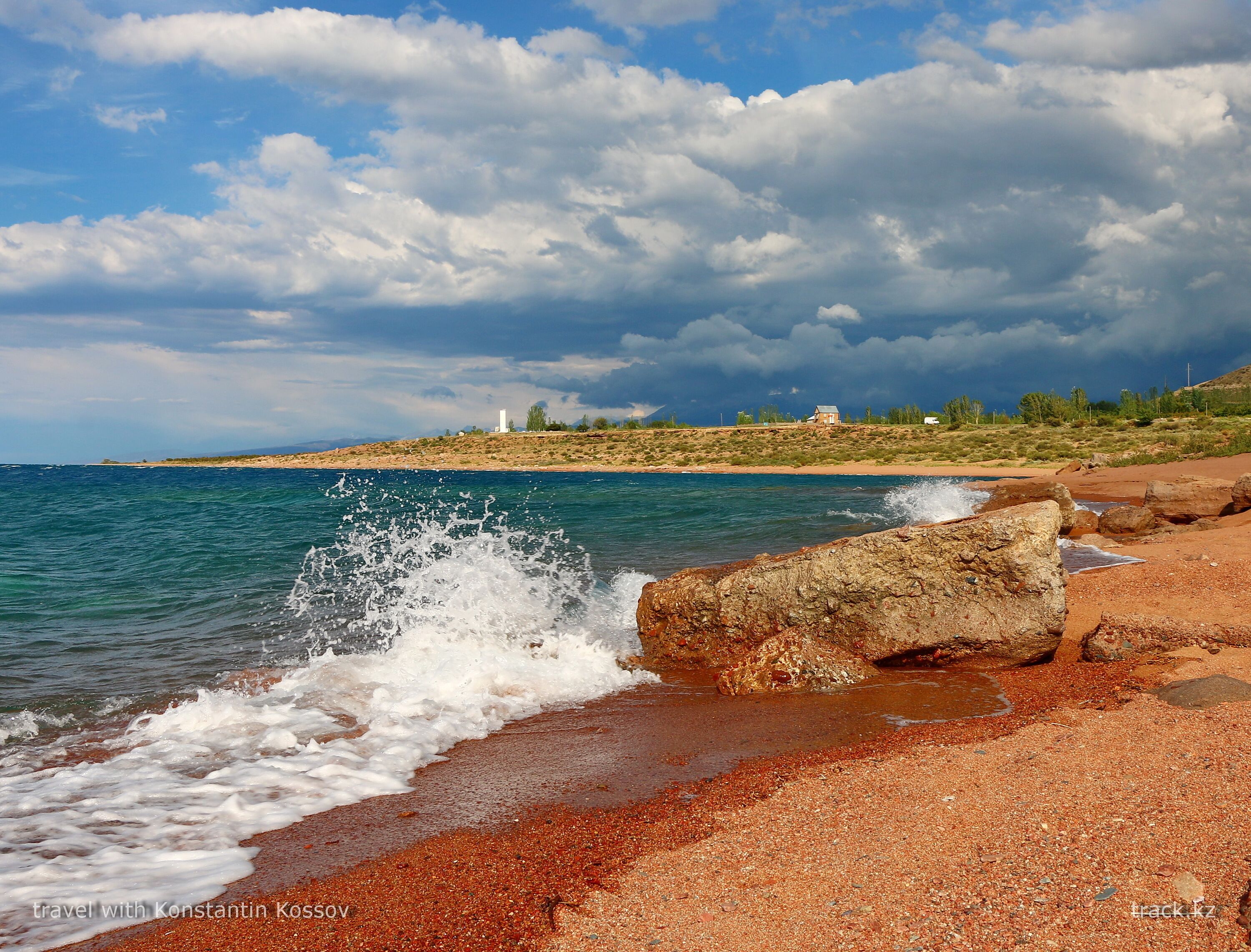Lake Issyk-Kul. Cool water, delicious air, beautiful view of the mountains around.  We organize a good trip. tourskz@gmail.com