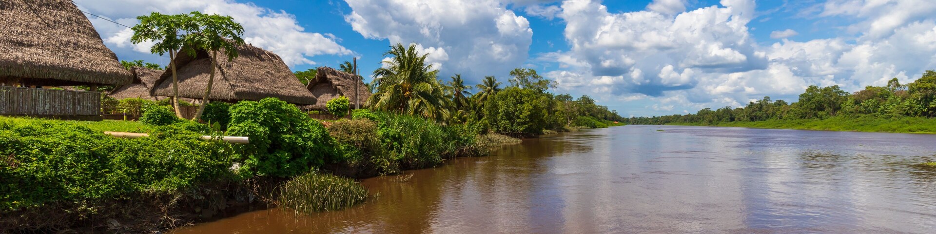 Palm Tree Roof Top Huts Along The Saramacca River In Groningen Suriname