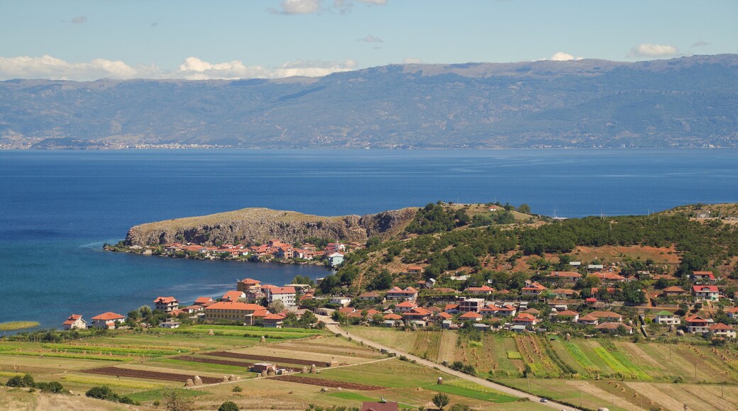 Village of Lin on the shores of Lake Ohrid. UNESCO World Heritage site. Nature and travel. Albania, Korce County, close to the border with Macedonia