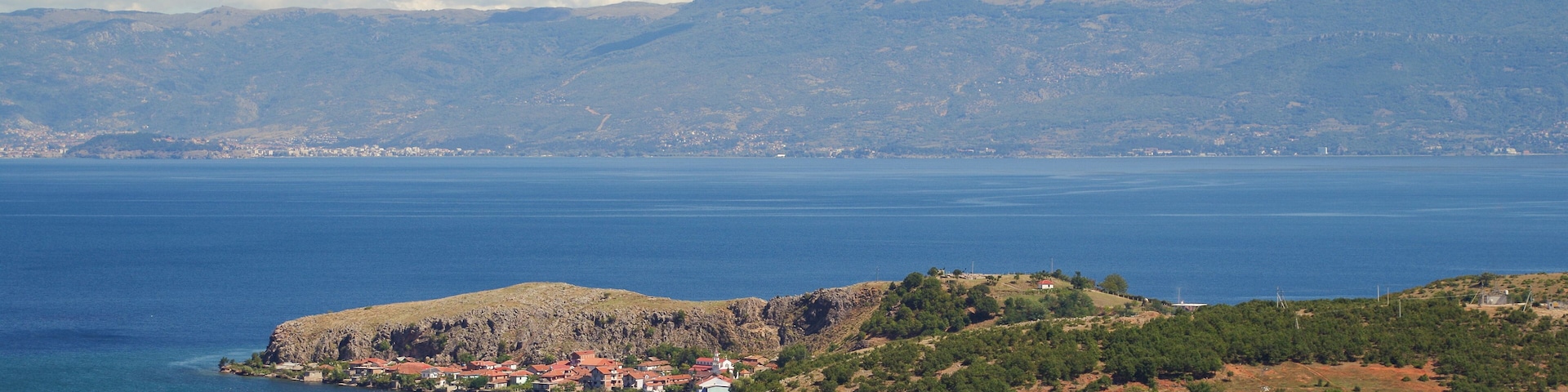 Village of Lin on the shores of Lake Ohrid. UNESCO World Heritage site. Nature and travel. Albania, Korce County, close to the border with Macedonia