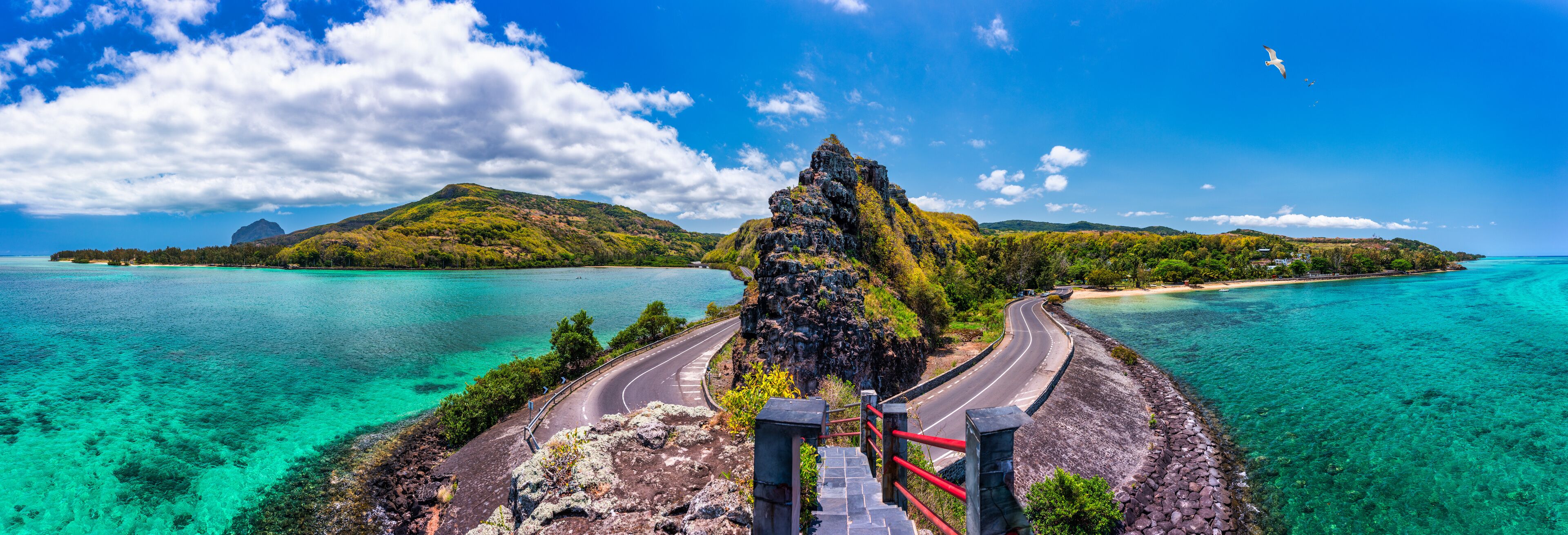 View of Baie du Cap from Maconde Viewpoint, Savanne District, Mauritius, Indian Ocean, Africa. View of the famous Maconde view point, sea and the mountains in the background, in Mauritius, Africa