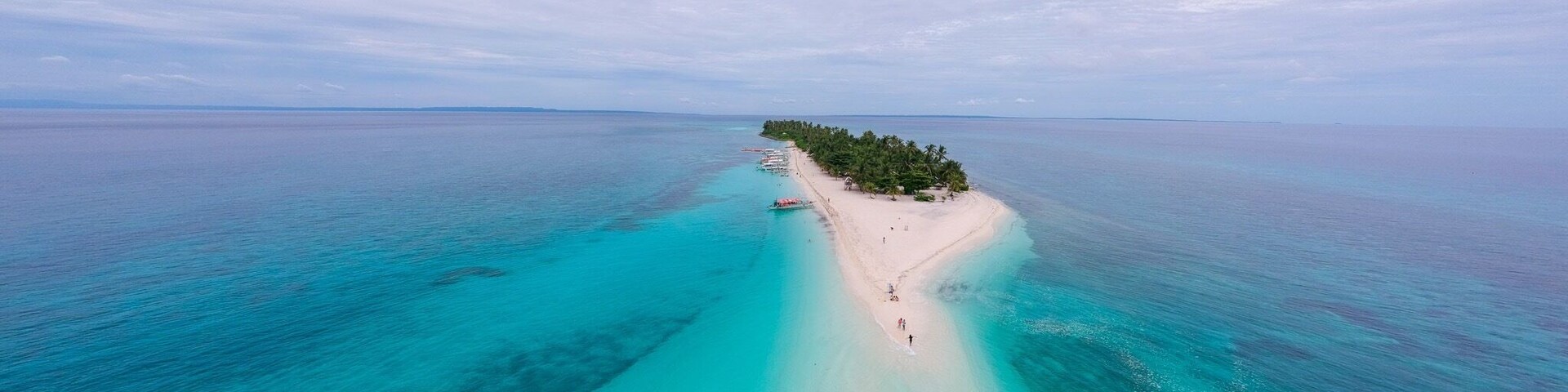 Vista aérea de una playa turquesa con orilla de arena blanca, rodeada de aguas azules cristalinas y una hilera de palmeras.