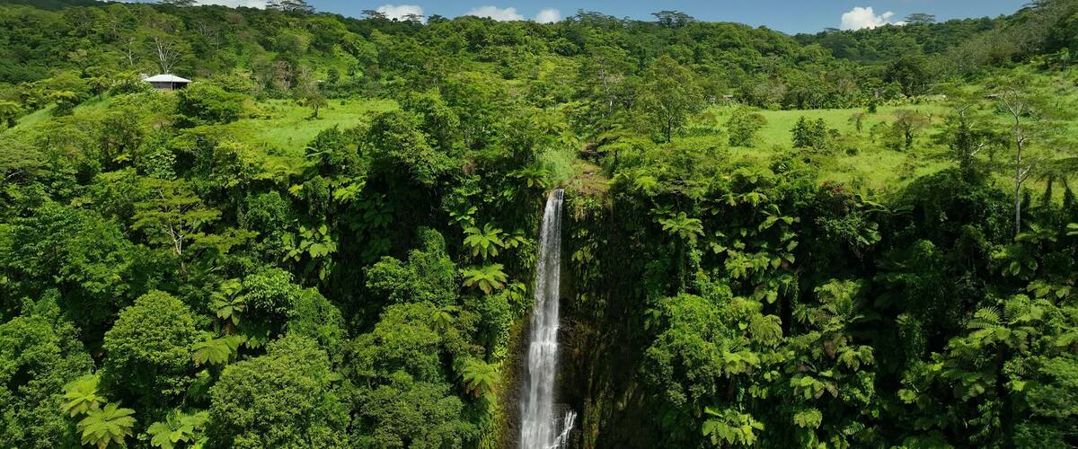 Aerial view of a breathtaking tropical waterfall surrounded by lush green forest and trees, Tuamasaga, Samoa.